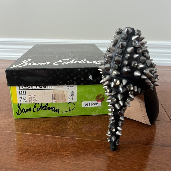 Sam Edelman Roza Black Leather Studded Rhinestone Pumps - Picture 2 of 4